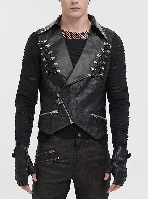 Black Lapel Fitted Atomized Crack Front Chest Crossover Rope Punk Fashion Vest