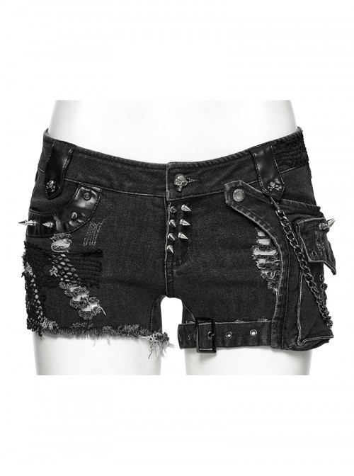 Black Elastic Wash Water Denim Shorts
