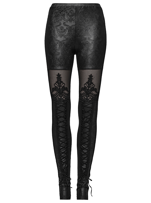 Gothic Black Flocking Bind Lace Skinny Leggings