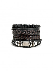 Handwoven Artistic Vintage Leather Wooden Bead Set Of Four Bracelets