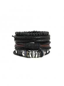 Simple Black Leather Woven Bead Casual Set Of Four Bracelets