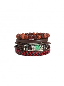 Hip Hop Trend Trendy Four-Piece Braided Leather Wooden Bead Bracelets