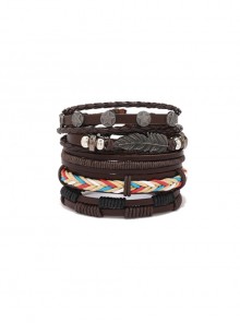 Brown Simple Statement Vintage Braided Leather Six-Piece Unisex Bracelets
