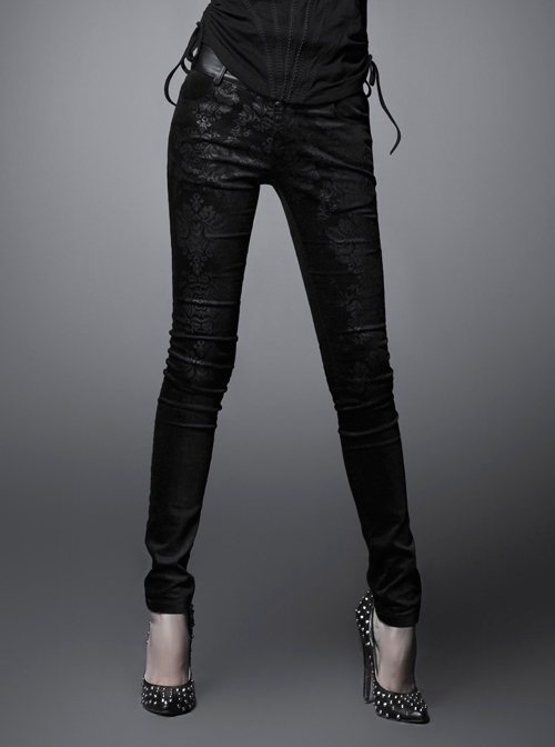 Gothic Elastic Long Black Floral Printed Leggings