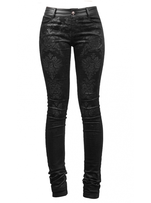 Gothic Elastic Long Black Floral Printed Leggings