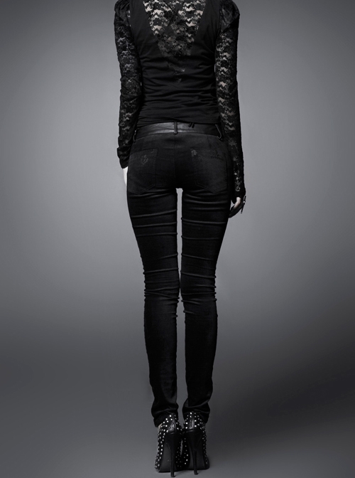 Gothic Elastic Long Black Floral Printed Leggings