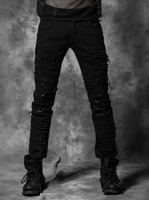 Punk Male Black Denim Torn Pants With Stretch