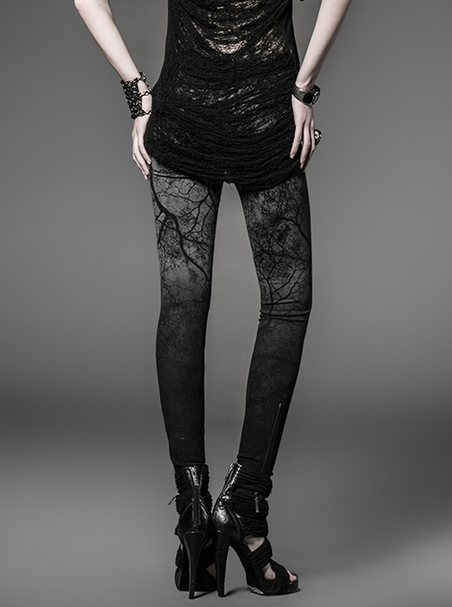 Dark Grey Gradient Female Skinny Pants With Branches Decoration