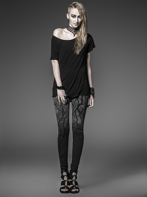 Dark Grey Gradient Female Skinny Pants With Branches Decoration