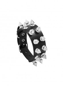 Black Non-Mainstream Personality Exaggerated Double Row Rivets Punk Style Men's Leather Bracelet