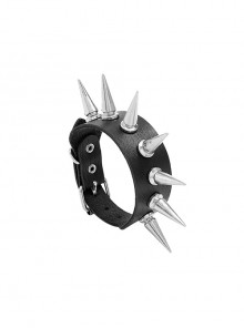 Exaggerated Personality Black Single-Row Spiked Men's Punk Style Cowhide Bracelet