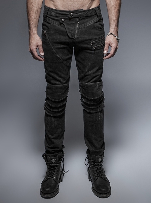 Military Uniform Buckle Skinny PU Leather Pants With Belt
