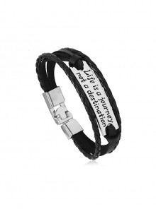 Personalized Trendy Multi-Layer Hand-Woven Black Leather Metal Pattern Decoration Men's Bracelet