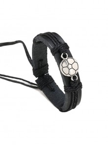 Simple Hand Woven Black Leather Metal Football Trim Unisex Bracelet