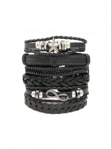 Personalized Simple Hand-Woven Leather Black Multi-Layer Six-Piece Unisex Bracelet