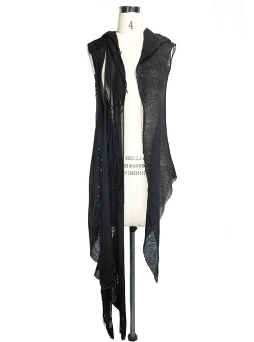 Black Punk Asymmetrical Hole Wool Knit Hooded Shawl