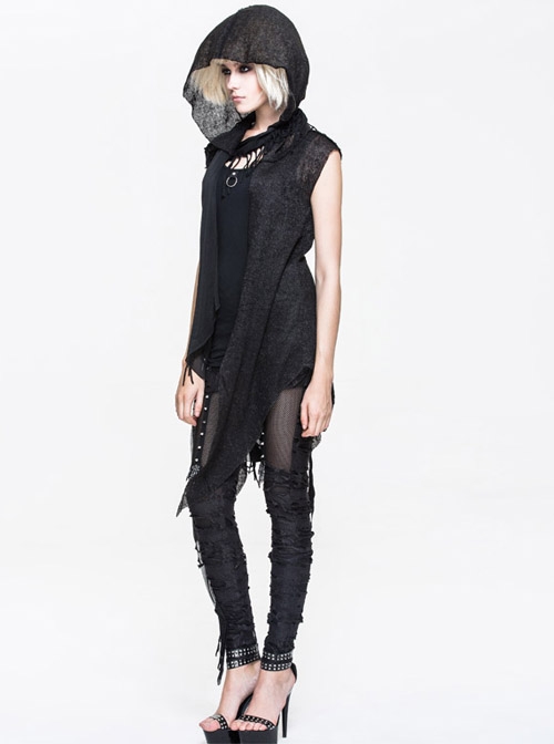 Black Punk Asymmetrical Hole Wool Knit Hooded Shawl