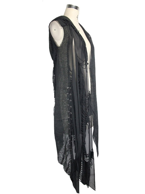 Black Punk Asymmetrical Hole Wool Knit Hooded Shawl