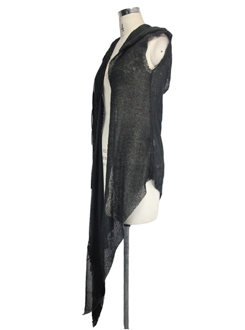Black Punk Asymmetrical Hole Wool Knit Hooded Shawl