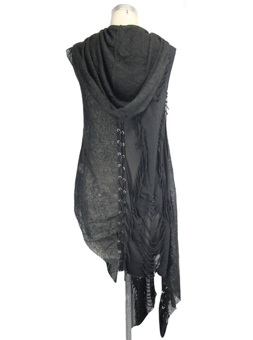 Black Punk Asymmetrical Hole Wool Knit Hooded Shawl