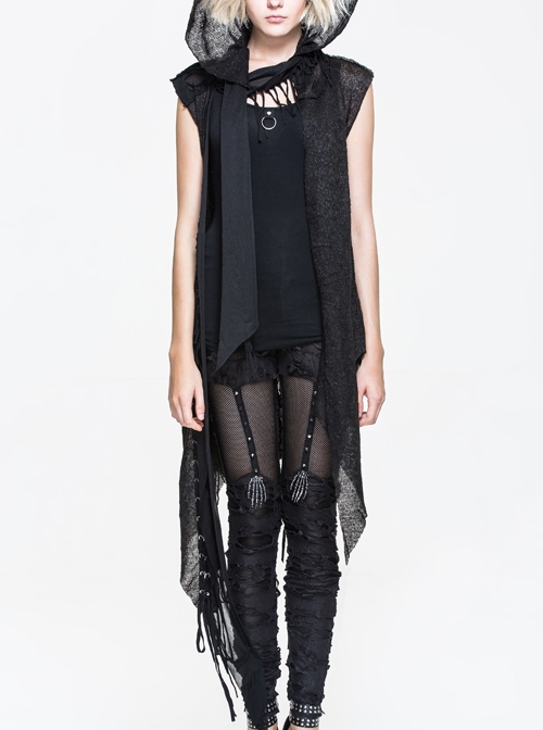 Black Punk Asymmetrical Hole Wool Knit Hooded Shawl