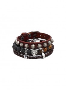 Personalized Street Trend Leather Wooden Beads Retro Men's Three-Piece Bracelet