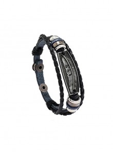 Fashion Personality Braided Beaded Feather Pattern Men's Leather Bracelet