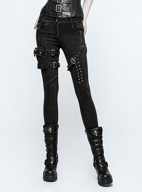 Steam Punk Female Black Elastic Bind Skinny Jeans
