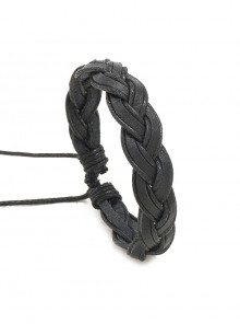 Adjustable Simple Handwoven Black Layered Leather Unisex Vintage Bracelet