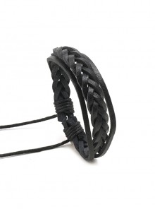 Black Simple Hand Woven Multi-Layer Adjustable Unisex Leather Bracelet