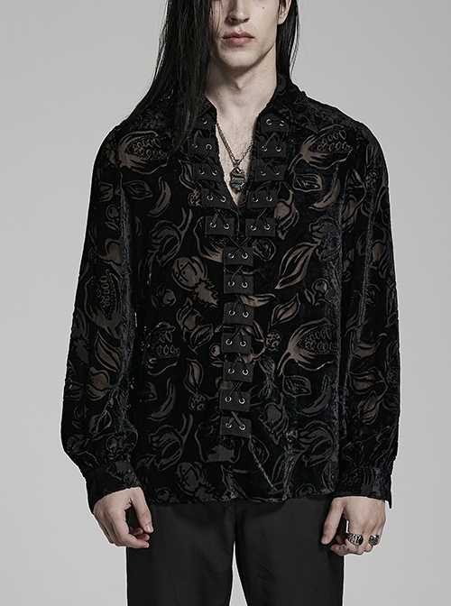 Loose Black Flocked Piranha Pattern Refined Gothic Men's Velvet Shirt