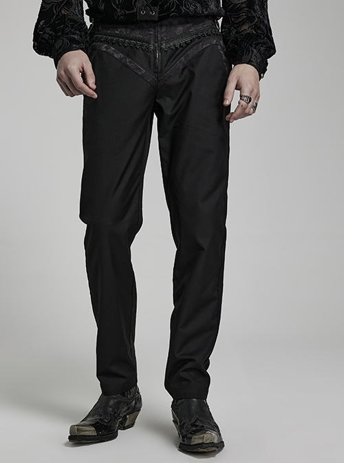 Slim Fit Twill Black Woven Jacquard Collage Back Corded Gothic Men's Pants