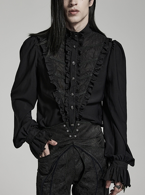 Black Stand Neck Front Ruffled Webbing Embellishment Gothic Loose Fitting Shirt