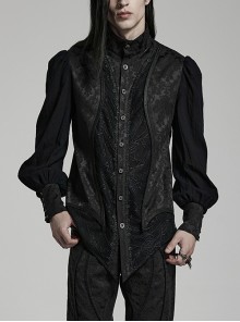 Black Jacquard Woven Balloon Sleeve Symmetrical Split Front Gothic Stand Collar Shirt
