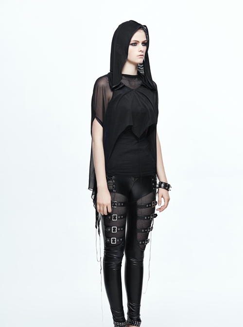 Black Punk 40d Spandex Mesh Long Wavy Sideline Hooded Bat Shawl