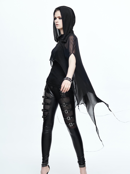 Black Punk 40d Spandex Mesh Long Wavy Sideline Hooded Bat Shawl
