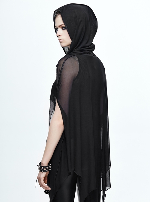 Black Punk 40d Spandex Mesh Long Wavy Sideline Hooded Bat Shawl