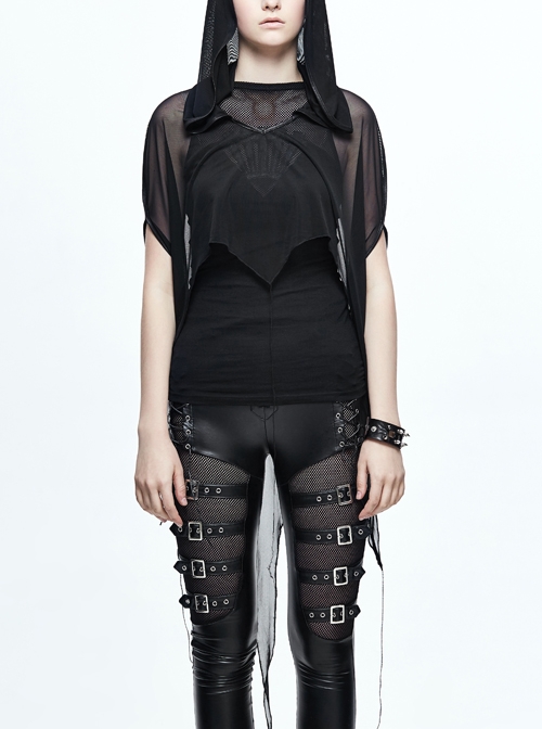 Black Punk 40d Spandex Mesh Long Wavy Sideline Hooded Bat Shawl