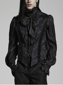 Black Asymmetric Placket Multi-Layered Lace Trim Gothic Style Men's Lapel Jacquard Vest