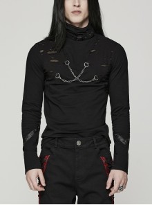Stretch Knit Front Destroyed Symmetric Metal Chain Black Punk Long Sleeve T-Shirt