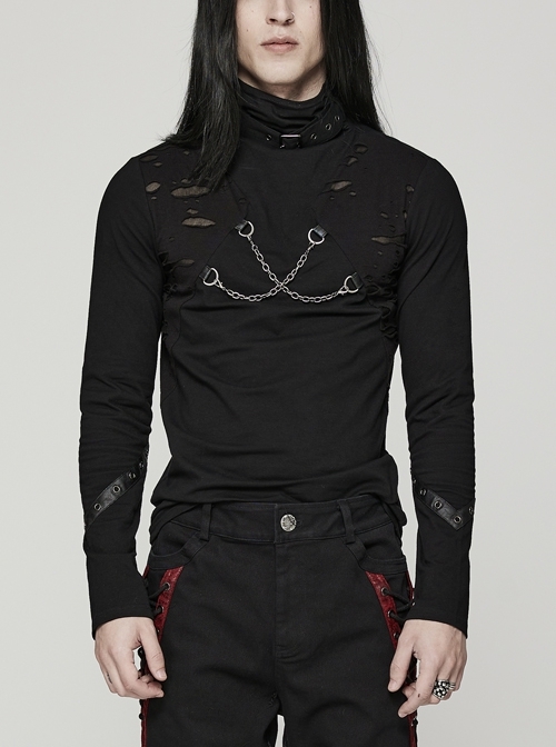 Stretch Knit Front Destroyed Symmetric Metal Chain Black Punk Long Sleeve T-Shirt