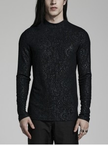 Stretch Knit Print Simple Black Turtleneck Gothic Style Daily T-Shirt