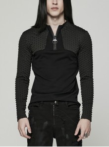 Stretch Knitted Stitching Unique Three-Dimensional Concave-Convex Texture Black Cyber Punk Long-Sleeved T-Shirt