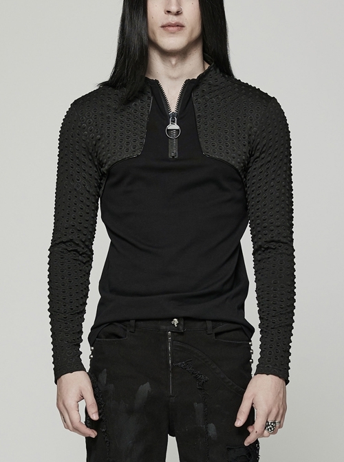 Stretch Knitted Stitching Unique Three-Dimensional Concave-Convex Texture Black Cyber Punk Long-Sleeved T-Shirt