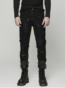 Black Loose And Slightly Elastic Old-Fashioned Raw-Edged Denim Punk Style Ripped Trousers