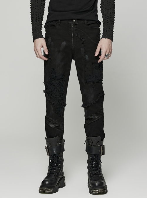 Black Loose And Slightly Elastic Old-Fashioned Raw-Edged Denim Punk Style Ripped Trousers