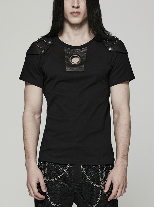 Stretch Knit Shoulder Panel Crackled Leather Detachable Armor Black Punk T-Shirt