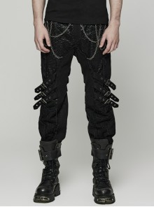 Black Abstract Twill Weave Detachable Metal Chain Punk Panel Trousers
