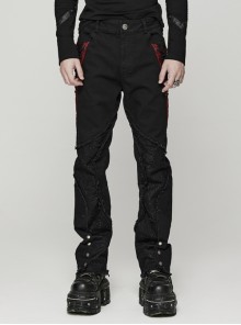 Black And Red Symmetrical Irregular Twill Splicing Cobweb Sides With Rope Punk Style Trousers