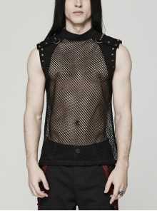 Stand Collar Perspective Black Elastic Mesh Stitching Denim Fabric Handsome Punk Style Hollow Vest